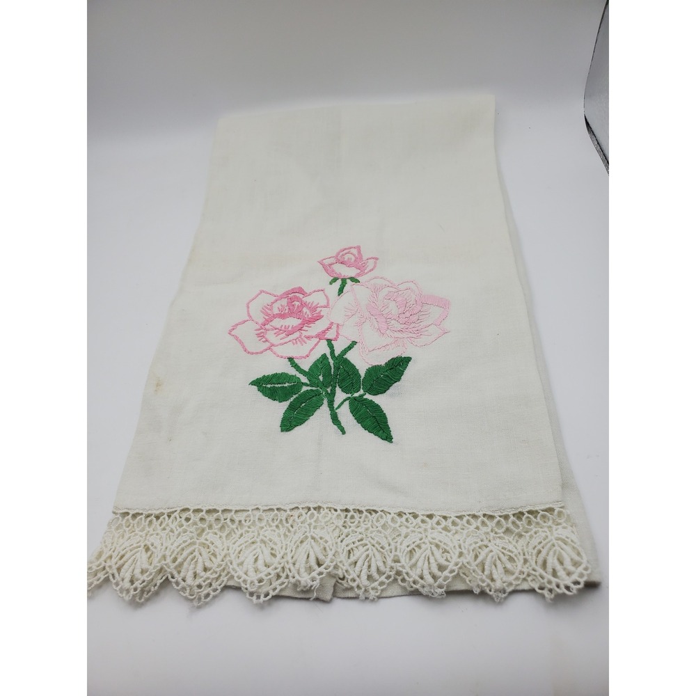 Vintage Hand Embroidered Pink Rose Linen Guest Towel Crochet Lace Edge 26x16"